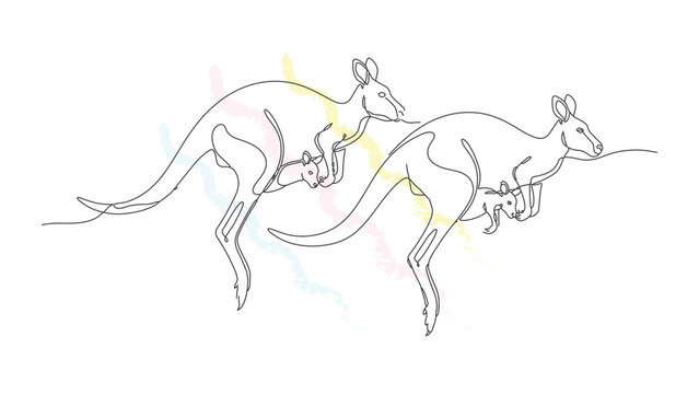 Continuous line drawing of two jumping kangaroos with baby in pouch with abstract colorful brush strokes behind them.