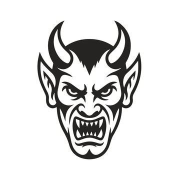 Devilish Grin: A menacing depiction of a devil's face, showcasing sharp features and a wicked grin, perfect for conveying a sense of ominous power and dark intrigue.