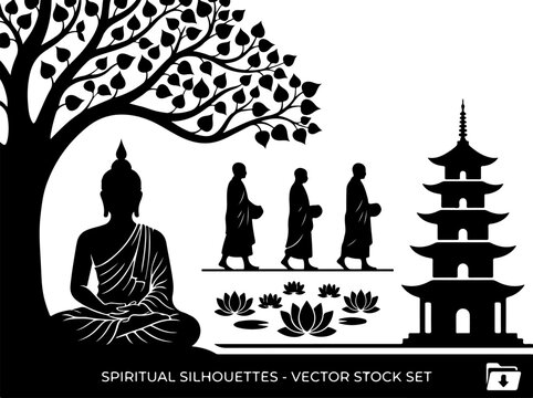 Buddha silhouette sitting under a tree, with monks and a pagoda, lotus flowers are also depicted
