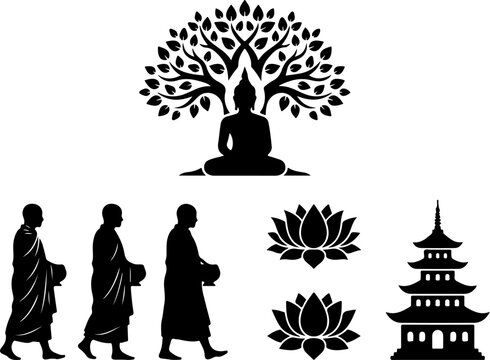Buddhist icons: buddha under a tree monks lotus pagoda with silhouette buddhism religion