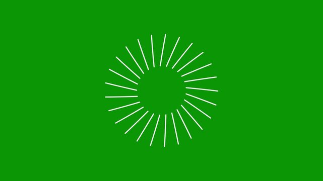 Geometric explosion patterns illuminating a green background, energetic circle pop up firework animation featuring bright line bursts and glowing spark trails in a smooth and  4k video loop.