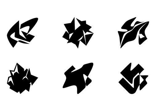 6 Abstract geometric icons featuring sharp angular shapes, outline solid styles, UI and web interface design
