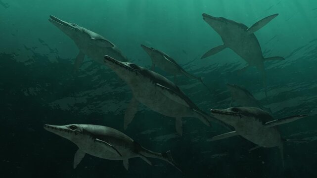 4k 3d animation of pod of Ichthyosaurs swimming together in a deep, emerald prehistoric ocean, perfect for YouTube channels, documentaries, and educational videos.