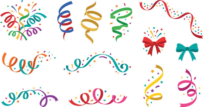 Bright colorful party streamers and festive ribbons set as vector graphic elements for creating joyful birthday designs or cheerful holiday celebration invitations