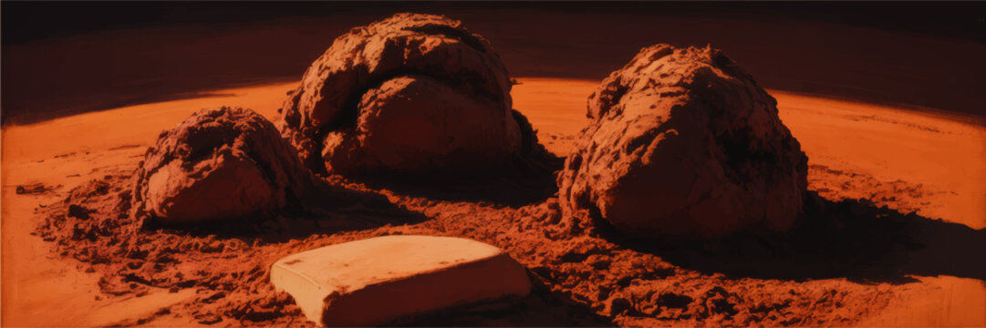 Futuristic Martian landscape with red rock formations and mysterious slab in dramatic orange desert sunset illustration