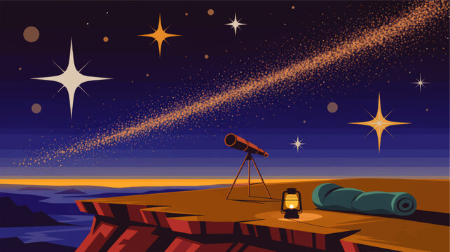 Night sky illustration with telescope on cliff, starry galaxy trail, camping lantern and sleeping bag under colorful sunset horizon