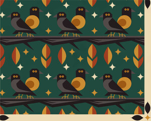 Fototapeta premium Retro geometric bird pattern with black crows on branches, autumn leaves and stars on teal background, seamless folk art illustration