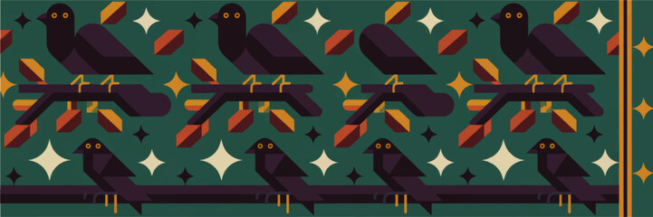 Fototapeta premium Geometric crow pattern on branches with abstract stars, seamless vector bird illustration on teal background for modern design