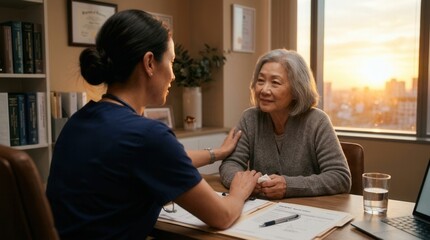 Fototapeta premium Compassionate Doctor Comforts Patient During Medical Consultation In A Calm Setting