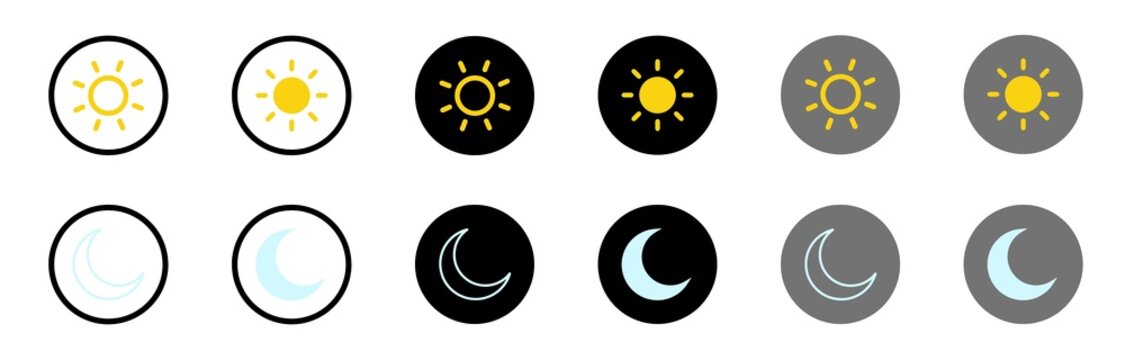 set of sun icon, set of moon icons, light day icon, dark night icon, bright, 