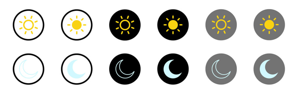 set of sun icon, set of moon icons, light day icon, dark night icon, bright, 
