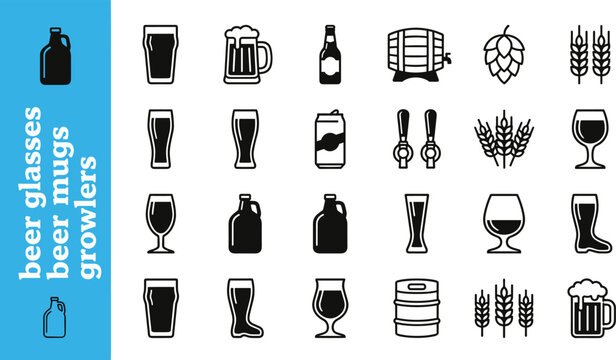 beer types and brewing process icons set in flat design vector illustration
