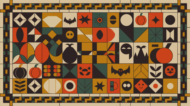 Retro geometric Halloween pattern with pumpkins bats and abstract spooky icons in warm orange mustard green tile grid
