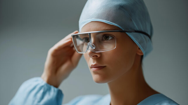 Young medical professional putting on augmented reality glasses in a hospital, AR-assisted surgery and future medicine training concept, with copy space
