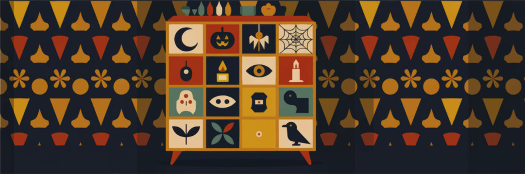 Mid century Halloween pattern with spooky cabinet of curiosities, geometric icons, retro witchy symbols on dark navy background