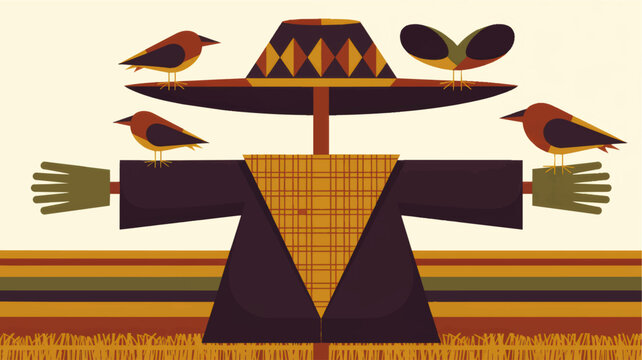 Geometric autumn scarecrow illustration with colorful birds in harvest field, flat vector farm artwork for seasonal fall background