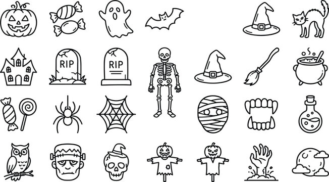 halloween spooky icons set with ghosts pumpkins skeletons and witches vector illustration