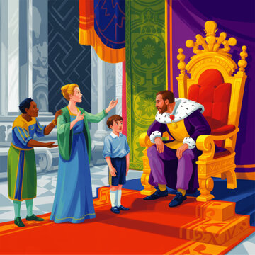 Colorful medieval throne room scene with king greeting child and courtiers, vibrant fantasy illustration for storybook and education