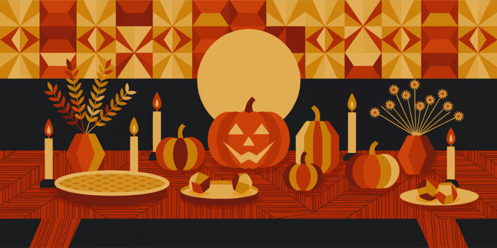 Halloween pumpkin feast illustration with candles, autumn table setting and geometric quilt pattern background in warm fall colors