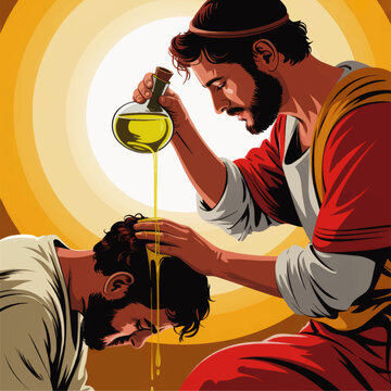 Biblical anointing with oil illustration, Jesus healing and blessing man, Christian sacrament artwork, spiritual worship concept