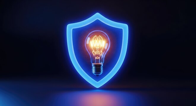 Glowing blue shield icon protecting a bright lightbulb filament, representing secure digital privacy solutions and innovative data safety, abstract, neon, private
