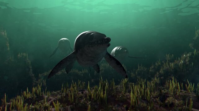 4k 3d animation of pod of Ichthyosaurs swimming together in a deep, emerald prehistoric ocean, perfect for YouTube channels, documentaries, and educational videos.