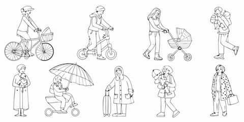 Obraz premium daily life line art illustrations of ten people in various activities