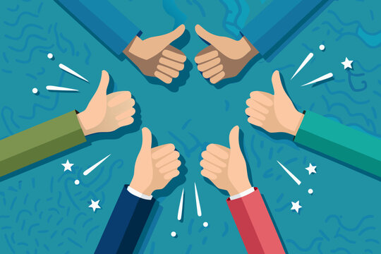 Diverse hands giving thumbs up vector illustration with celebratory elements