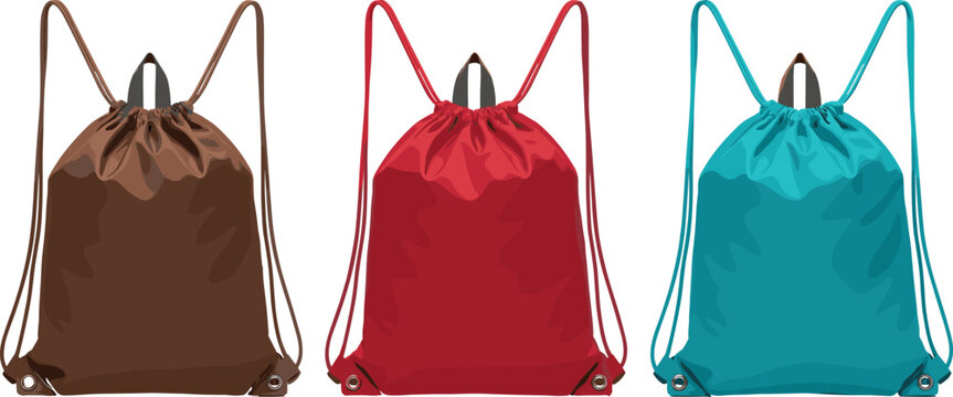Drawstring backpack collection vector set with colorful sport gym bags in realistic fabric design