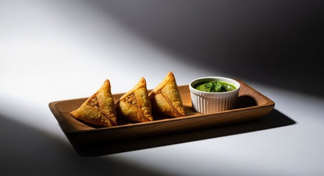 Golden brown triangular fried pastries filled with savory ingredients served on a rustic wooden platter with a side of spicy green chutney, chutney, plate, crunchy