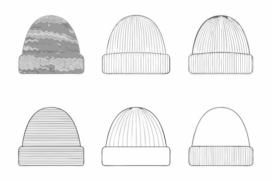 knit beanie hat collection line art style set on white background