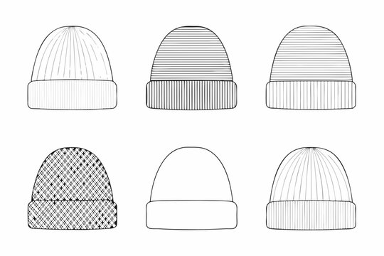 Line art set of six knit beanies on a white background