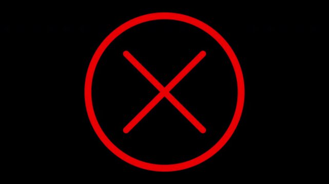 Red x mark symbol animation: denied, error, or incorrect status on black background