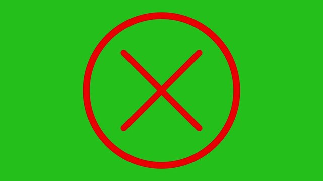 Animated red x mark inside circle on green screen background, for easy chroma, key removal