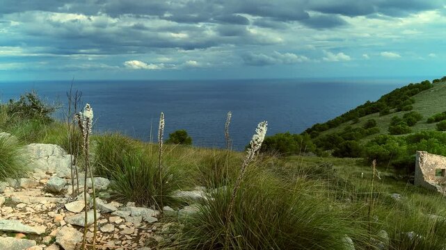 Ruins of an old stone tower on mountain with sea view in Canyamel, Mallorca, Spain. Historic coastal defense remains surrounded by rocky landscape and Mediterranean scenery. 