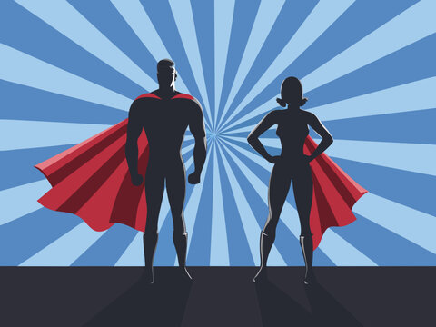 Superhero silhouettes with red capes bold vector illustration