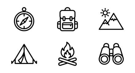 Fototapeta premium Outdoor adventure icons, hiking travel symbols, camping exploration graphics, wilderness navigation