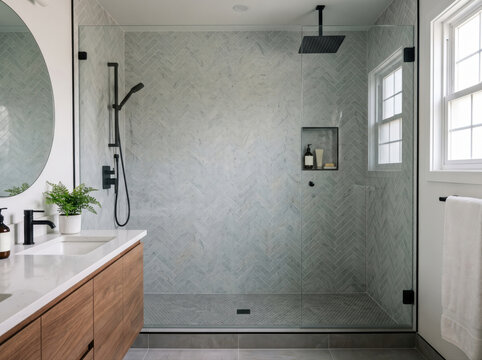 A luxurious modern bathroom with a spacious walk-in shower with elegant marble herringbone tile pattern on the walls.