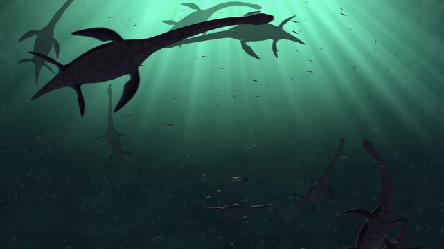 3D animation of plesiosaurs gliding through the deep turquoise waters of a prehistoric ocean - perfect for YouTube channels, documentaries, and educational videos.
