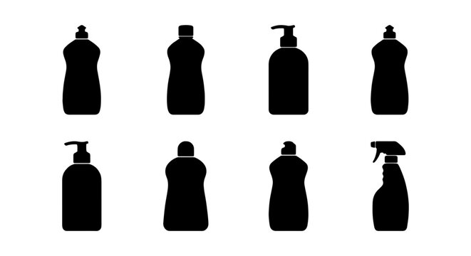 Cleaning spray bottle icons, black silhouettes, cleaning supplies, vector graphics