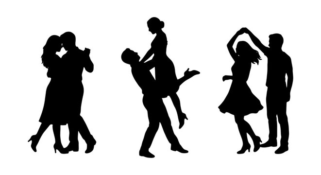 Dancing couples, romantic silhouettes, black icons, people illustrations, vector graphics
