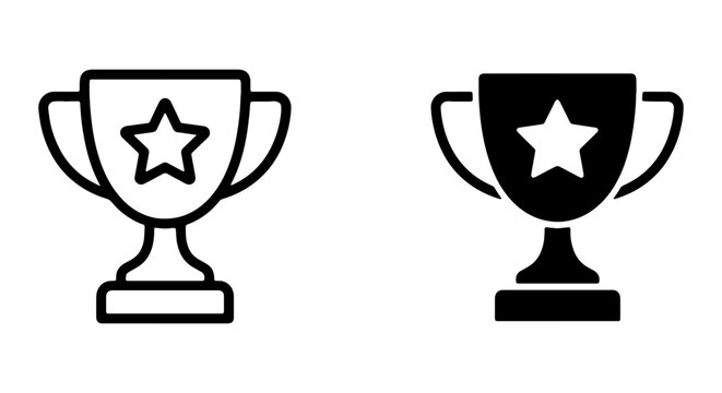 Trophy icons, award symbols, star winners, cup graphics, black and white