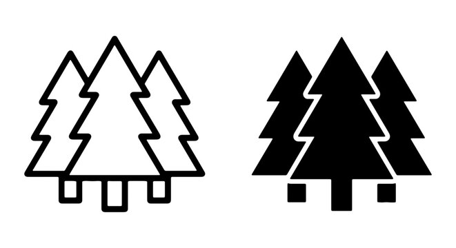 Evergreen tree icons, black and white, line art, forestry symbols, tree set