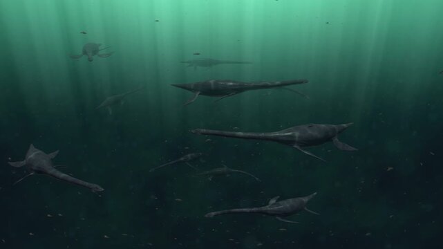 3D animation of plesiosaurs gliding through the deep turquoise waters of a prehistoric ocean - perfect for YouTube channels, documentaries, and educational videos.