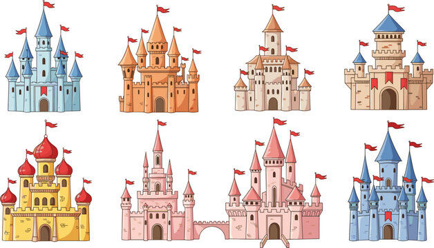Fairytale castle collection vector set with fantasy medieval palace towers and princess kingdom architecture