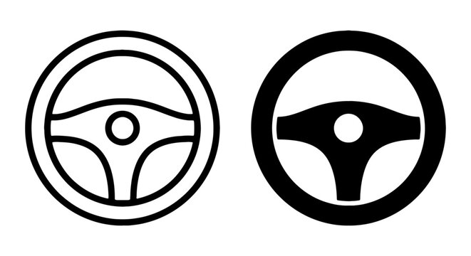 Steering wheel icons, car wheel symbols, vehicle steering wheels, black and white