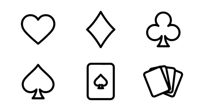 Playing card suits, poker icons, heart, diamond, club, spade symbols, card game vector graphics
