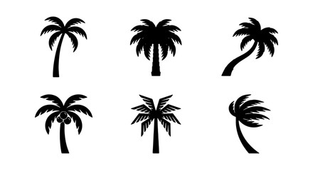 Fototapeta premium Black palm tree icons, tropical silhouettes, palm trees set, vector graphics