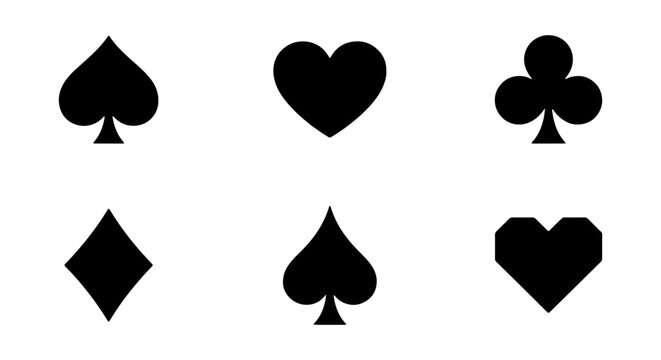 Black playing card suits, poker icons, spades hearts diamonds clubs, vector graphics