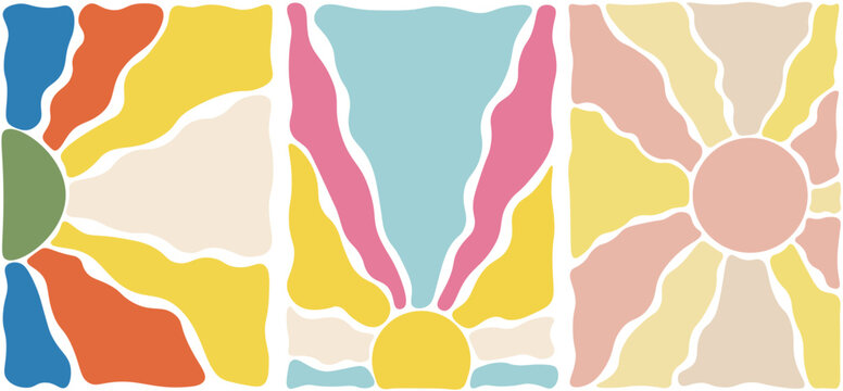 Affiches liquide groowy et abstrait. Ensemble tendance floral et ensoleill&eacute;, couleurs d'&eacute;t&eacute;